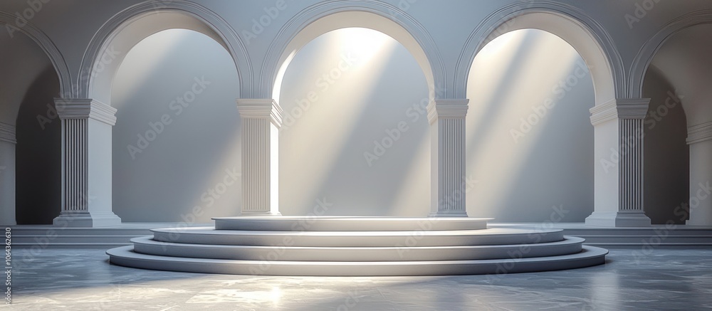 Aufkleber white circular platform with three steps in a room with three arched doorways and columns