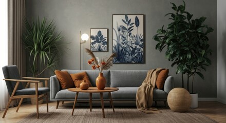 Stylish Living Room with Grey Sofa, Wooden Table, and Plants