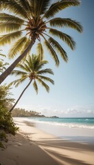 Naklejka premium Palm Trees Overlooking Tropical Beach with White Sand and Blue Ocean