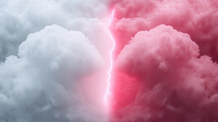 Fototapeta premium Dramatic lightning strike illuminates dark storm clouds with a vibrant pink hue at twilight