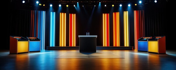 A vibrant quiz show stage with colorful lights and podiums, creating an exciting atmosphere for contestants and viewers.