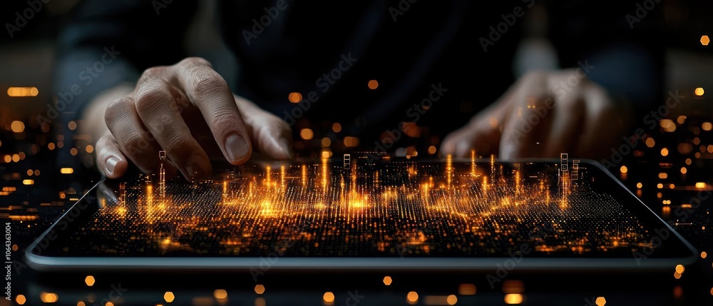 Aufkleber hands interacting with a digital cityscape display on a tablet