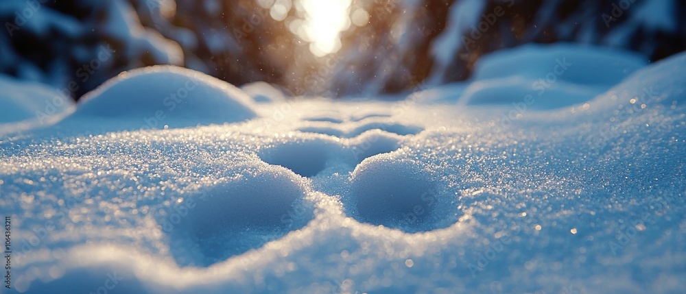 Poster footprints in sparkling snow with a sunlit forest background