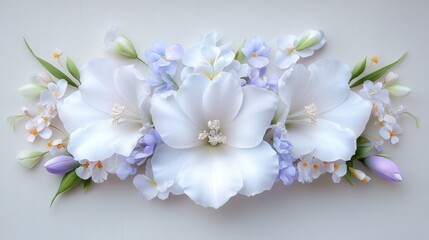 Obraz premium Delicate arrangement of white and pastel flowers with green leaves on a soft background, showcasing nature's beauty and elegance