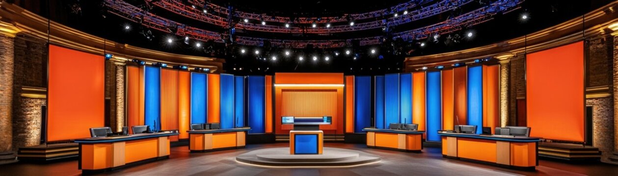 A vibrant game show set featuring orange and blue decor, with multiple podiums and bright lights, creating an energetic atmosphere.
