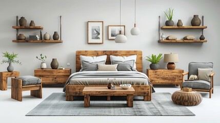 Bedroom set from various angles in white background