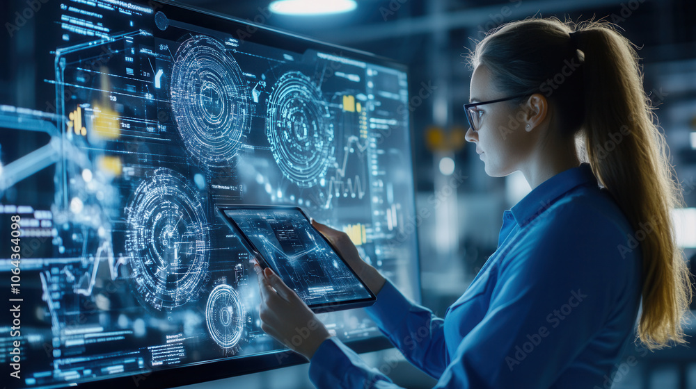 Aufkleber female engineer using tablet to monitor data on digital screen, showcasing technology and innovation