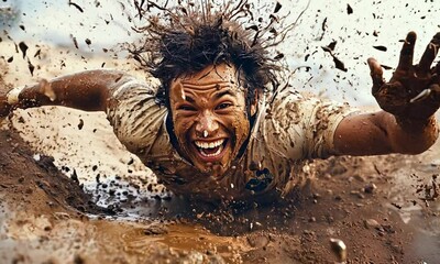 A joyful rugby player with a big smile slides through a field covered in mud. The image captures the fun and exhilaration of playing sports in tough conditions