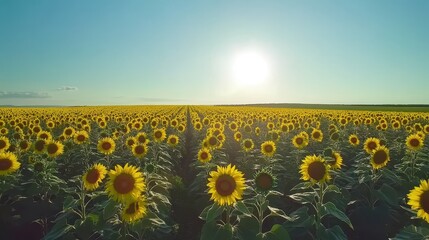 Obraz premium A vibrant field of sunflowers stretches towards the horizon, illuminated by the warm glow of the setting sun. The serene atmosphere embodies the beauty of a perfect summer evening.