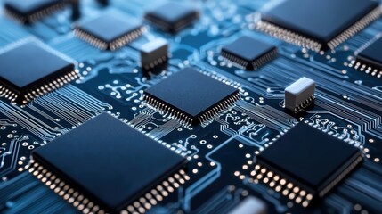 Obraz premium Close-up view of complex circuit board with microchips on blue background.