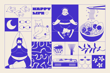 Atmospheric restaurant banner. Happy calm lifestyle concept japanese aesthetics, yoga ramen matcha vinyl floral elements asian style. Modern banner, blue monochrome background. Vector illustration