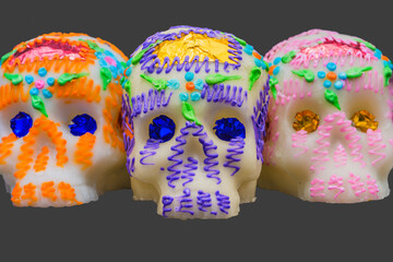 decorated sugar skulls trio for day of the dead altar