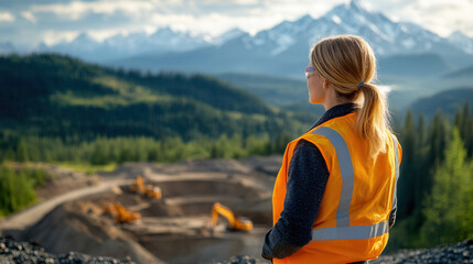 Fototapeta premium woman in reflective vest surveys mining site surrounded by mountains and trees, showcasing beauty of nature and industry