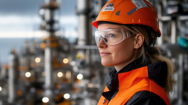 woman in safety gear, wearing orange helmet and glasses, conducts site inspection in industrial setting. Her focused expression reflects professionalism and safety awareness