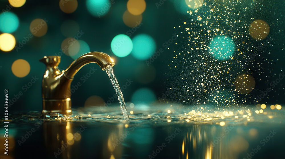 Poster stunning artistic shot of water cascading from golden tap, creating mesmerizing effect with sparklin