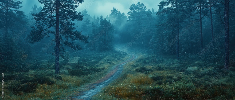 Poster misty forest path through tall trees
