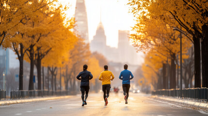 Dynamic scene of male and female runners jogging through vibrant autumn landscape with golden leaves and city skyline in background, evoking sense of energy and freedom