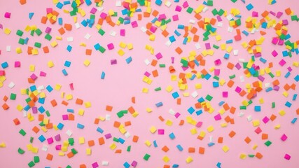 Colorful party confetti scattered on pink background, colorful