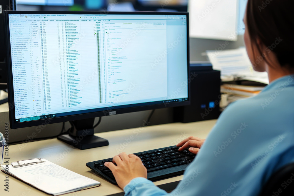 Aufkleber closeup of woman working at a desk with a computer monitor. ai generative