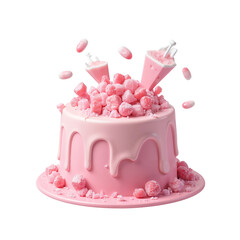 Vibrant pink cake topped with candies and decorative elements