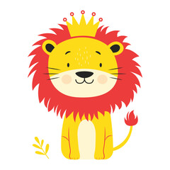 Adorable Lion Leo Animal Cartoon Character Wearing King Crown in the Jungle with Happy Expression