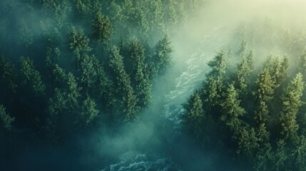 Fototapeta premium Soft rays break through the dense canopy of towering trees, casting enchanting shadows on the woodland floor. A serene river winds gracefully through this peaceful landscape.