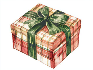 cheerful watercolor style Christmas gift box with green ribbon, perfect for holiday celebrations and gift giving. This festive design adds joy to any occasion