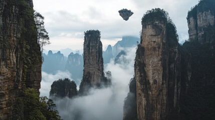 Majestic rock formations rise above a sea of clouds in a breathtaking mountain landscape.