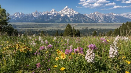 Obraz premium A vibrant meadow of wildflowers blooms in the foreground of a majestic mountain range under a bright blue sky.