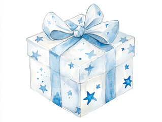watercolor style Christmas present box with blue ribbon and stars, perfect for festive celebrations and gift giving. This charming design adds joyful touch to any holiday decor