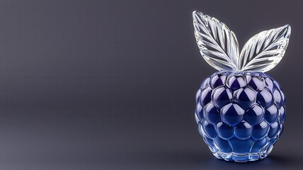 Crystal blueberry in rich blue color, single glass leaf, glossy and hyperrealistic, on a dark minimalistic background, 3D illustration