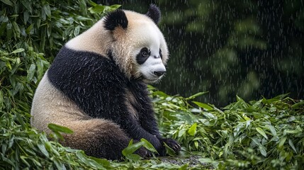Obraz premium A giant panda sits in a lush green bamboo forest, looking to the side, as raindrops fall around it.