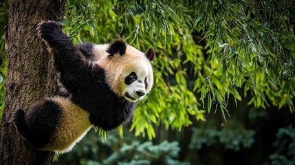 Obraz premium A cute panda bear climbing a tree with lush green foliage in the background.