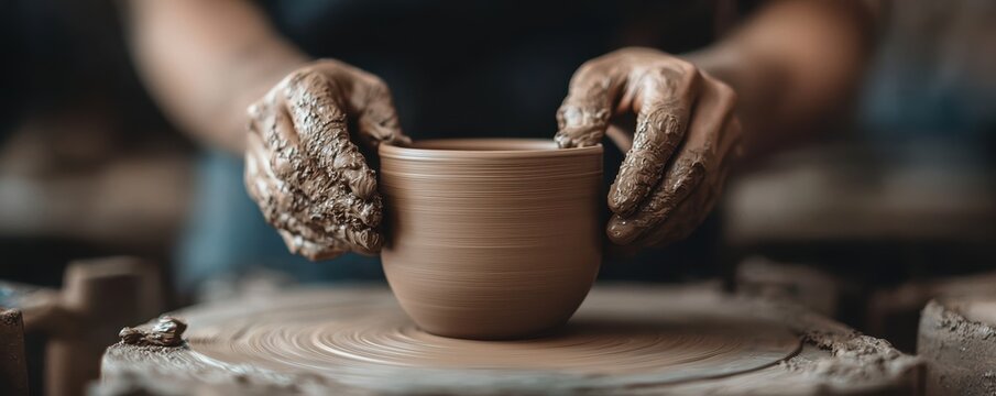 Potter shaping a clay cup on a wheel, close-up view with hands, earthy tones, artisan craftsmanship