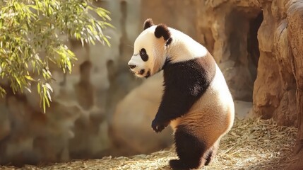 Naklejka premium A giant panda standing on its hind legs in a zoo enclosure.