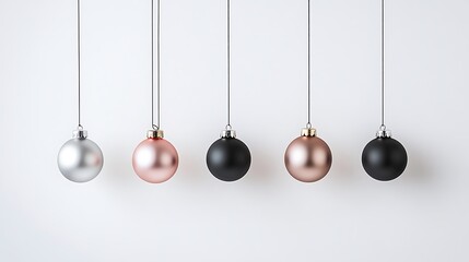Five Hanging Christmas Ornaments in Different Colors