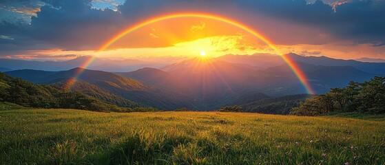 Obraz premium A Rainbow Arcs Over Sunlit Mountains and a Meadow