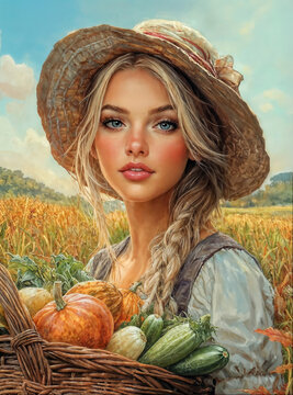 Farm Girl Harvesting Fall Crops 