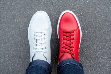 A unique expression showcased through mismatched red and white shoes worn on a minimalist background