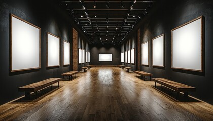 Empty Gallery Hallway with Wooden Benches and Blank Frames