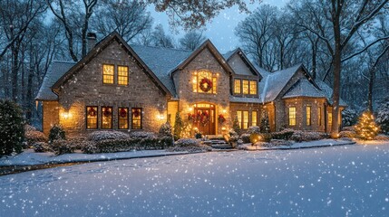A festive outdoor scene with a charming house illuminated by bright holiday lights, wreaths on the doors, and snow gently falling, creating a winter wonderland