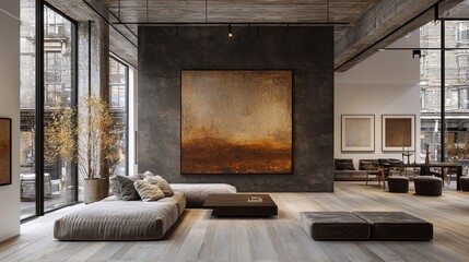 Modern Loft Living Room with Large Abstract Painting and Exposed Concrete Beams