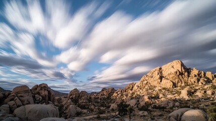 Dramatic clouds streak across the sky above a rocky desert landscape.