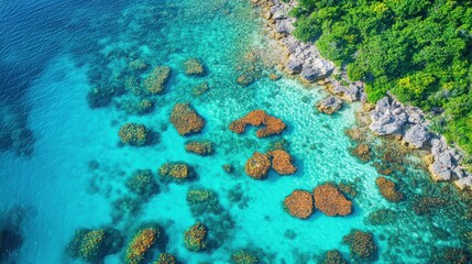 Explore the enchanting underwater landscape where vibrant corals thrive among rocky formations, illuminated by the clear turquoise waters. This serene aquatic scene invites adventure.