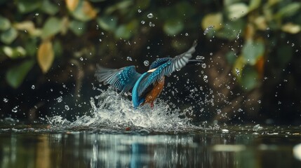 Obraz premium Female kingfisher soaring from water with spread wings after unsuccessful dive for fish, capturing the beauty of vibrant blue and orange feathers and the dynamic motion of a majestic bird in its natur