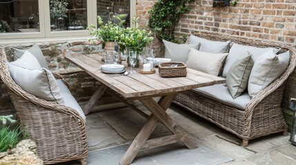 Fototapeta premium A rustic outdoor dining set with wicker chairs and a wooden table set with plates, glasses, and candles, perfect for enjoying a meal al fresco.
