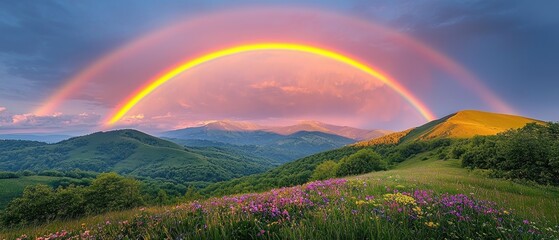 Obraz premium Double Rainbow Over Lush Mountain Meadow at Sunset