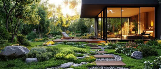 Obraz premium Modern House with Lush Garden and Wooden Pathway
