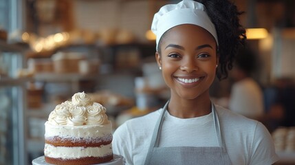 A young black woman with a radiant smile, wearing a white T-shirt, a gray apron and a white baker's cap, joyfully holds a cream cake in her hands at the bakery.
