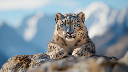Snow Leopard on Rocky Mountain Slope with Snowy Camouflage
